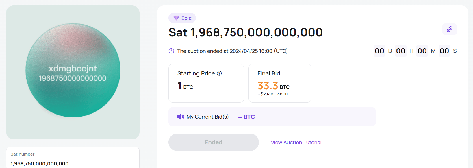 Ce seul satoshi, l’epic sat, s’est vendu pour 2,1 millions de dollars.