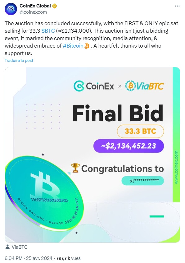 Un epic sat vendu pour 33,3 bitcoins.