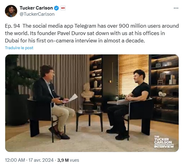 Lors d'une interview avec le journaliste Tucker Carlson, le dirigeant de Telegram Pavel Durov explique posséder du Bitcoin (BTC).
