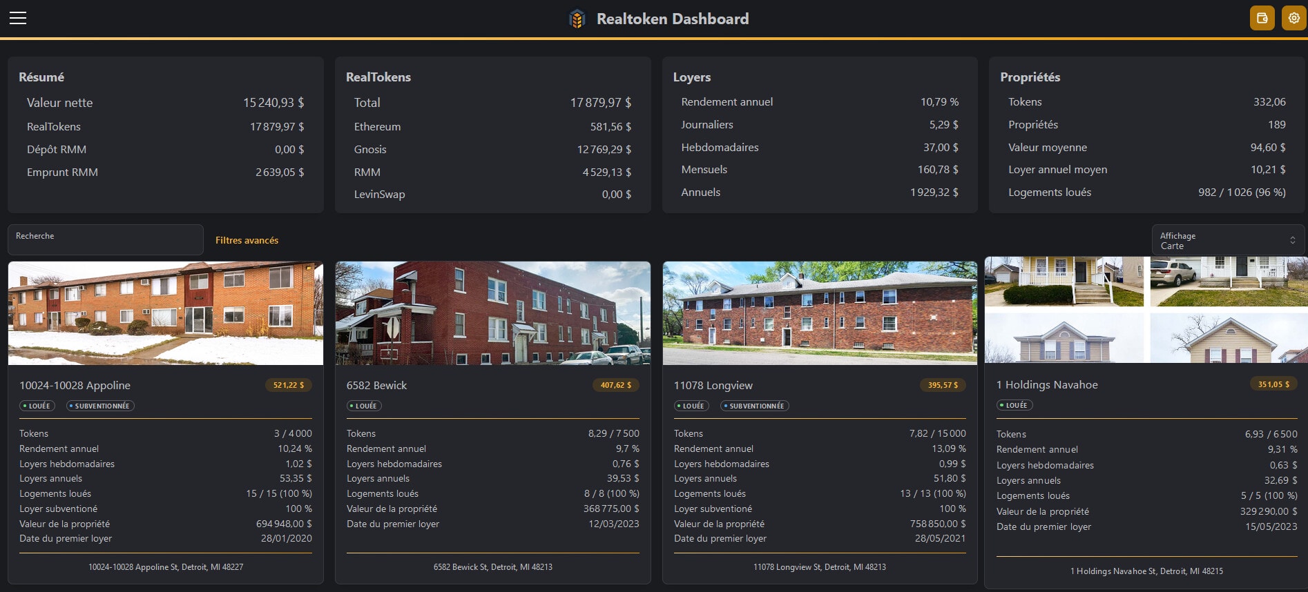Le community dashboard permet aux investisseurs de suivre en un clin d’œil leurs tokens immobiliers RealT.
