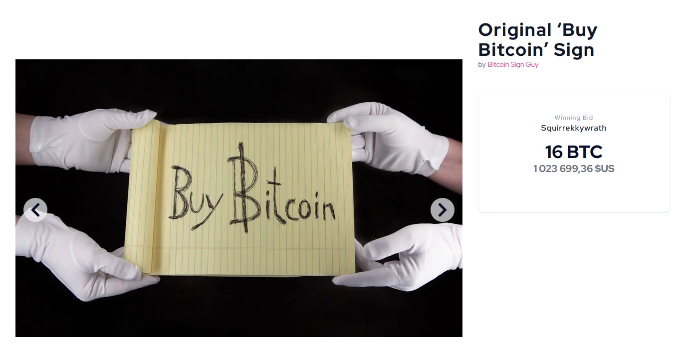 Ce papier avec l’inscription « Buy Bitcoin » s’est arraché aux enchères pour 16 BTC.