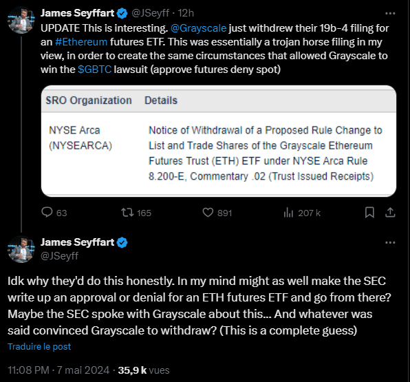 Même les observateurs les plus avisés du marché ne comprennent pas vraiment pourquoi Grayscale vient de retirer da demande pour un ETF Ethereum à terme alors que celle pour son ETF ETH au comptant court toujours.