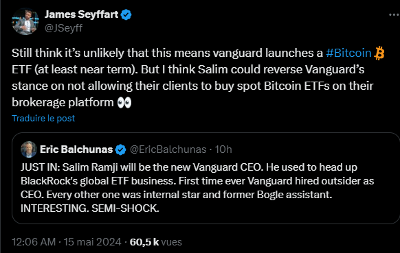 L'ex Monsieur ETF Bitcoin de chez BlackRock vient d'être nommé à la tête de Vanguard et les observateurs se demandent si cela pourrait infléchir la politique du fonds de gestion à l'égard des cryptomonnaies et de Bitcoin en particulier. 