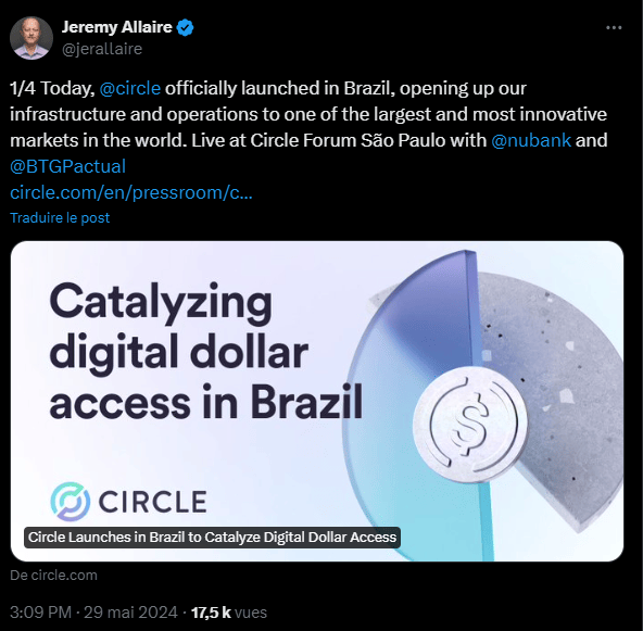 Circle et son USDC lance un partenariat avec BTG Pactual, une des plus grandes banques d'investissement du Brésil pour développer l'utilisation des stablecoins et des cryptomonnaies dans le pays. 