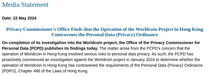 Rapport publié par le Commissariat à la protection de la vie privée (PCPD) de Hong Kong sur Worldcoin