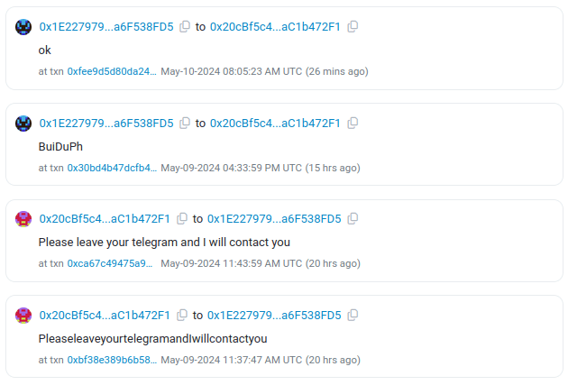 Conversation on-chain entre la  victime et le hacker