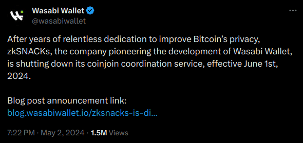 Wasabi Wallet annonce la fin de son service coinjoin