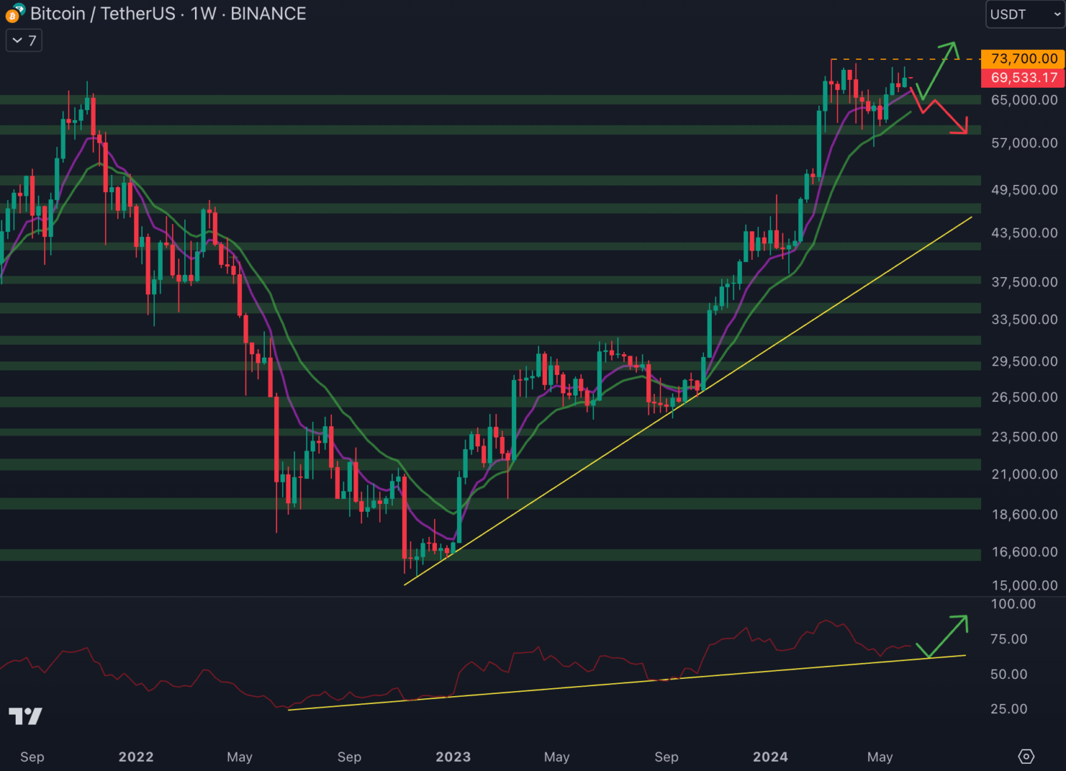 Le cours du Bitcoin évolue au-delà du support hebdomadaire à 65 000 $ - 10 juin 2024.