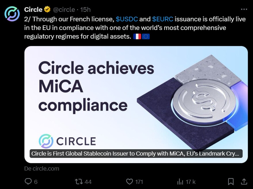 Circle devient la première société à être suffisamment régulée pour pouvoir émettre en Europe ses stablecoins USDC et EURC. Une sacrée réussite pour les équipes de Jeremy Allaire. 