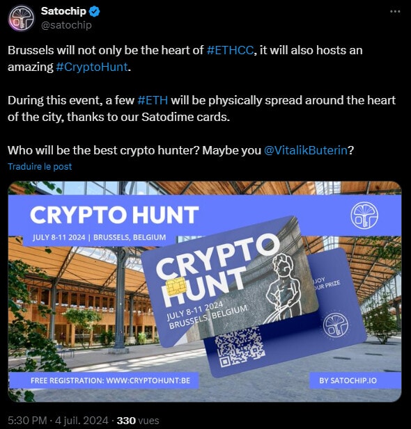 Satochip vous invite à participer à la première grande chasse aux cryptos de Belgique en marge de l'EthCC7 qui se déroulera du 8 au 11 juillet prochain. A vous de retrouver Bitcoin, Ethereum et NFT Schtroumpfs cachés dans 5 lieux emblématiques de la capitale belge.