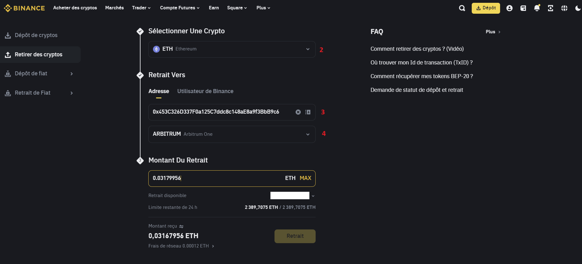Retrait depuis Binance