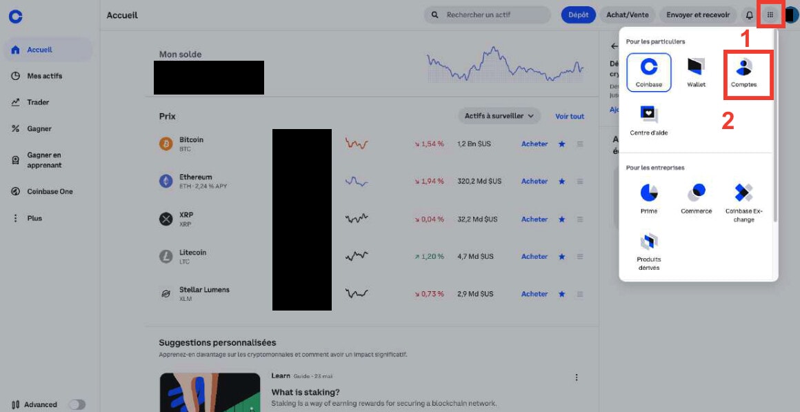 Pour augmenter sa sécurité sur Coinbase, il faut se rendre sur l'onglet sécurité. Il faudra d'abord cliquer sur "comptes".