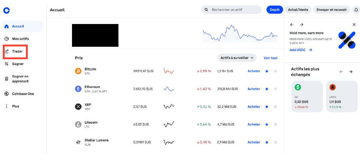 Pour acheter des cryptomonnaies sur Coinbase, il faut se rendre sur l'onglet "Trader".