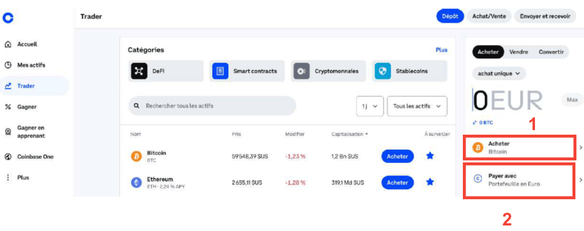Pour acheter des cryptomonnaies et choisir son moyen de paiement, il faut aller sur "payer avec'.