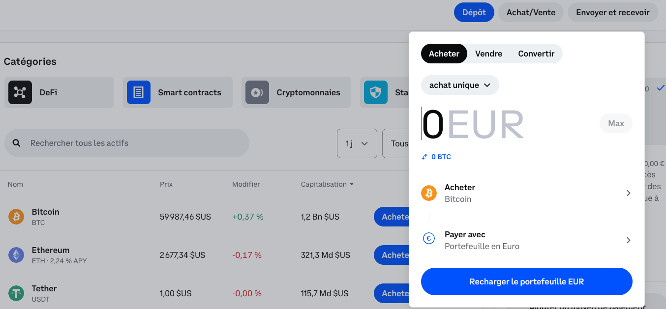 Pour acheter des cryptomonnaies avec son portefeuille en euro, il faut cliquer sur "achat/vente".