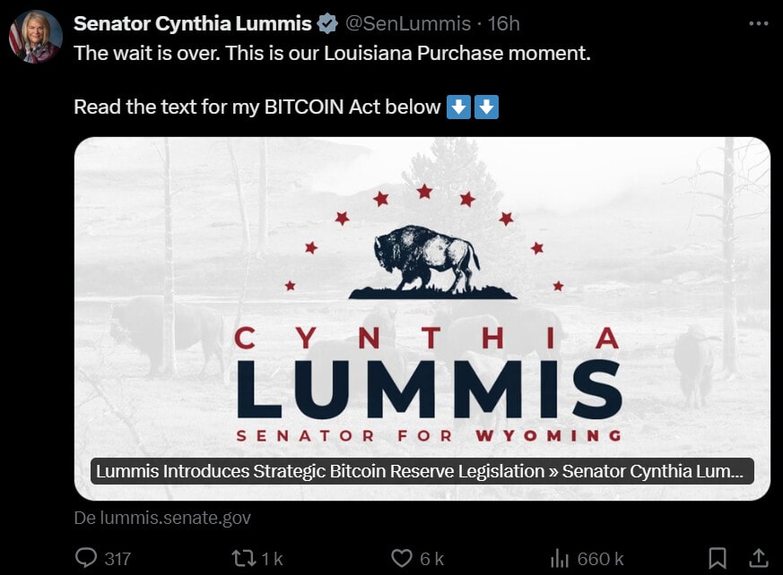La sénatrice du Wyoming Cynthia Lummis a présenté très officiellement son projet de loi pour que les Etats-Unis accumulent des bitcoins dans le cadre d'une réserve stratégique. Le BITCOIN Act of 2024 est en route pour le Sénat !