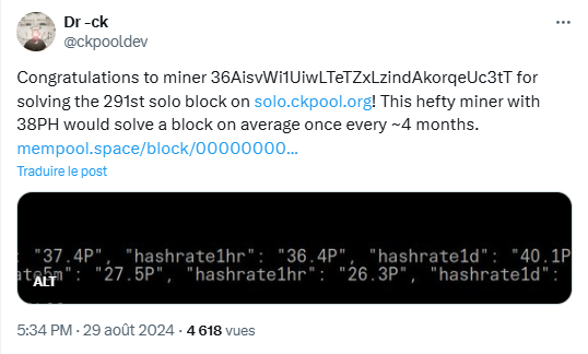 Ce mineur solo empoche un total de 3,275 BTC en résolvant un bloc Bitcoin.
