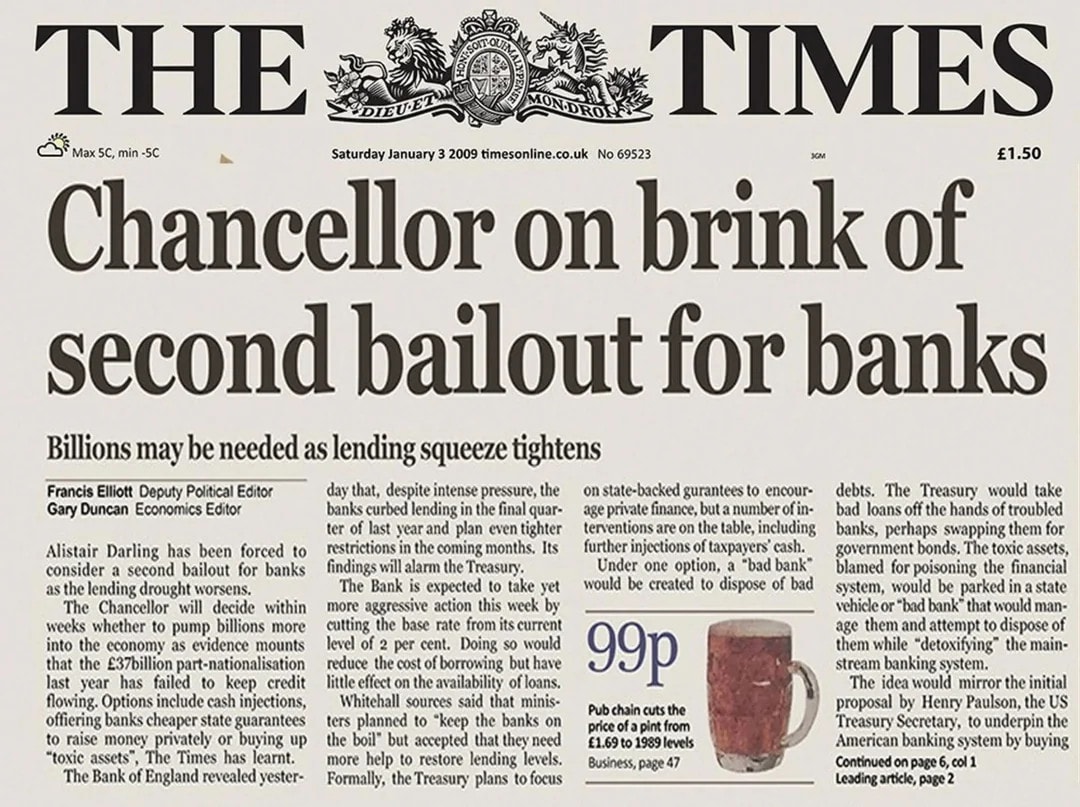 Ce titre de cette Une du Times est caché dans le premier bloc Bitcoin.