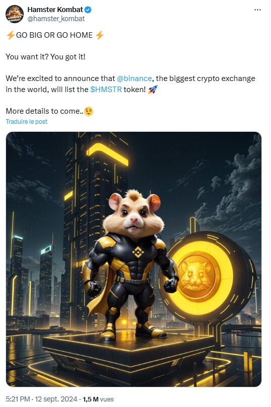 Le token HMSTR du jeu Hamster Kombat débarquera sur Binance dès le 26 septembre.