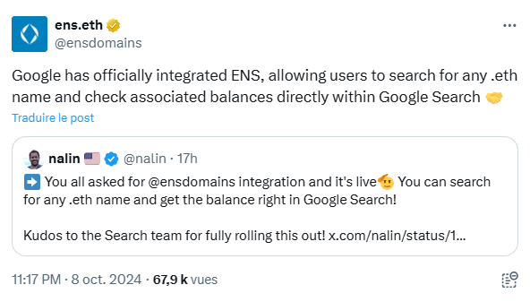 Google Search intègre officiellement les adresses ENS pour Ethereum.