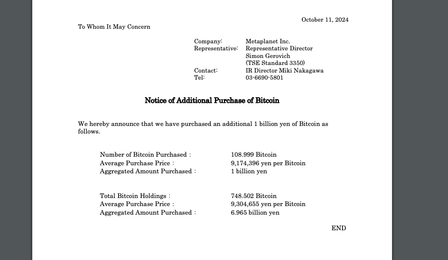 Metaplanet annonce son achat de BTC