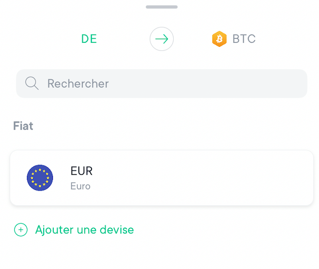 Il faut sélectionner la devise avec laquelle on souhaite acheter des BTC.