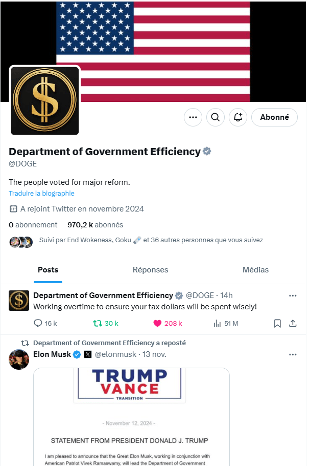 Le DOGE, ou Department of Government Efficiency, ouvre ses portes sur X, avec à sa tête Elon Musk et Vivek Ramaswamy