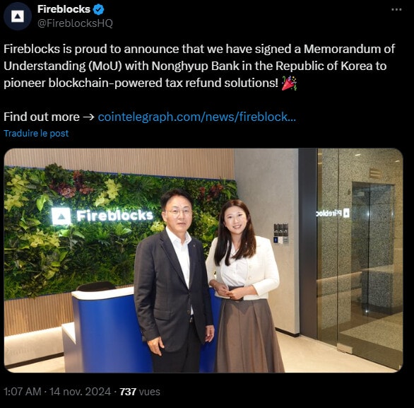 Fireblocks et NongHyup Bank lancent un projet pour simplifier la collecte de la TVA à l'aide du Fireblocks Tokenization Engine en Corée du Sud.
