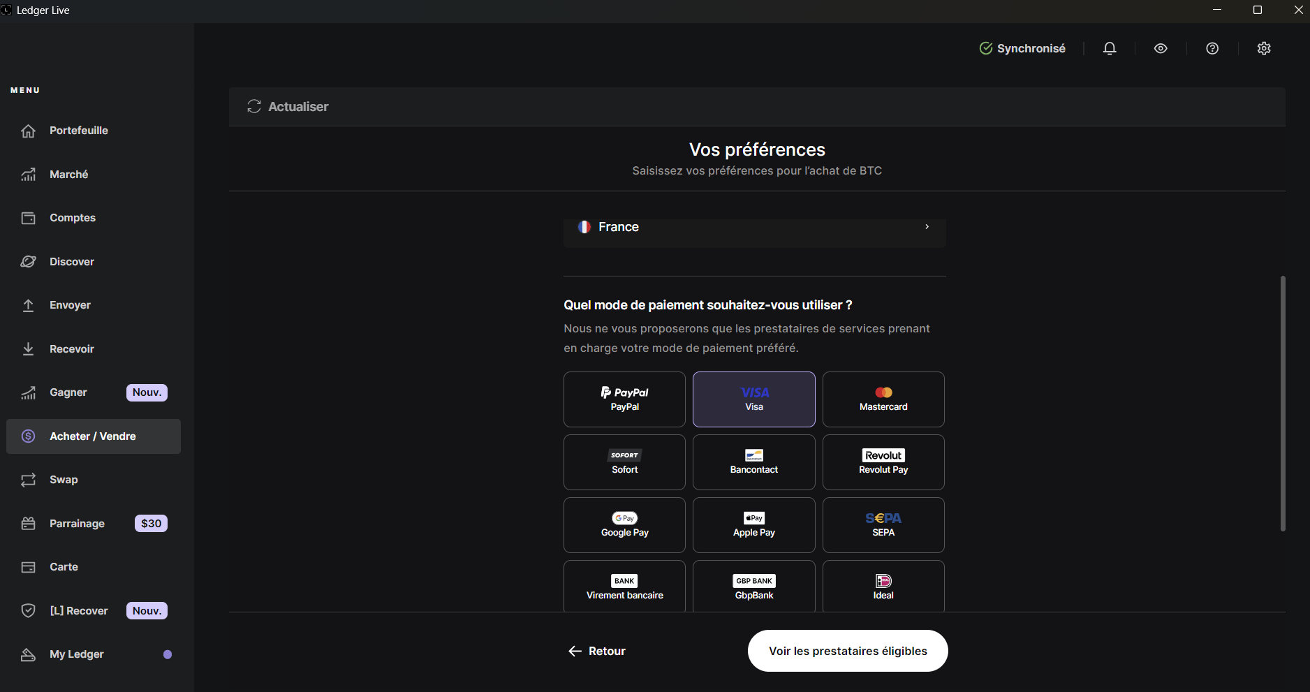 Ledger vous propose différents partenaires pour acheter des bitcoins suivant votre mode de paiement et lieu de résidence.