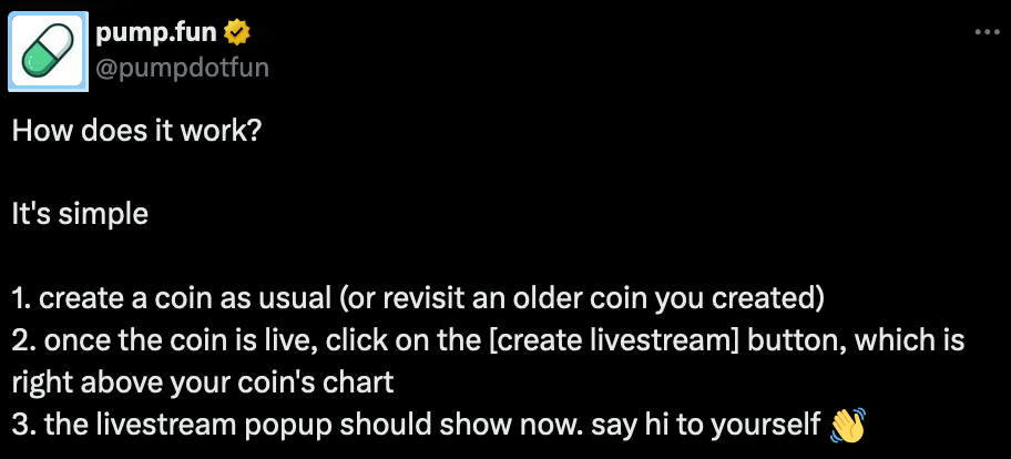 Annonce publiée par Pump.fun concernant les live streams