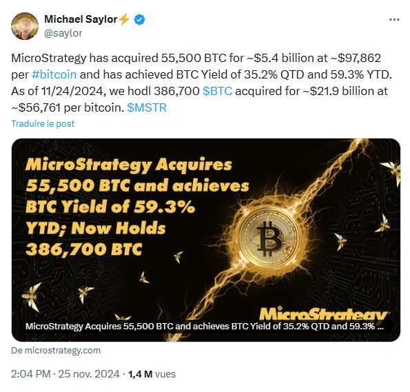 MicroStrategy et Michael Saylor se gavent de 55 500 BTC supplémentaires pour leur trésor en Bitcoin.