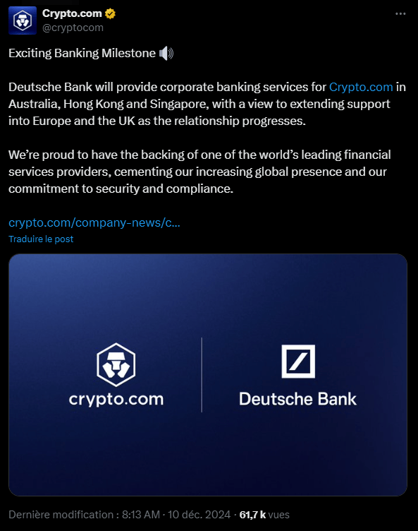 Crypto.com vient d'annoncer que la Deutsche Bank allait lui fournir des services bancaires à Singapour, en Australie et à Hong Kong.