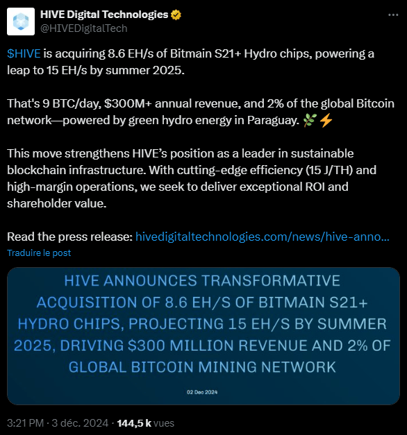 La société canadienne spécialisée dans le minage de bitcoins Hive Digital vient d'annoncer un projet important au Paraguay pour profiter de l'énergie pas chère issue des barrages hydroélectrique du pays.