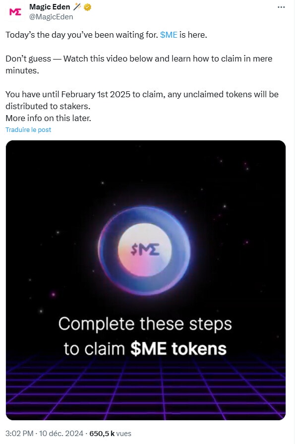 L’exchange pour NFT Magic Eden lance son token ME par Airdrop.