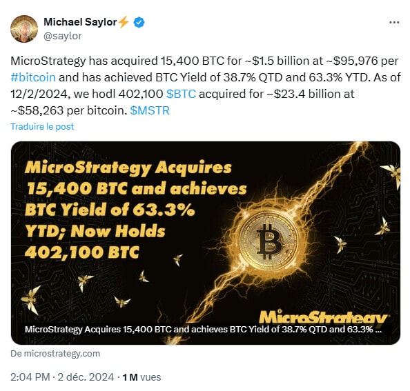 MicroStrategy détient désormais 402 100 BTC, soit 38,8 milliards $ en Bitcoin.
