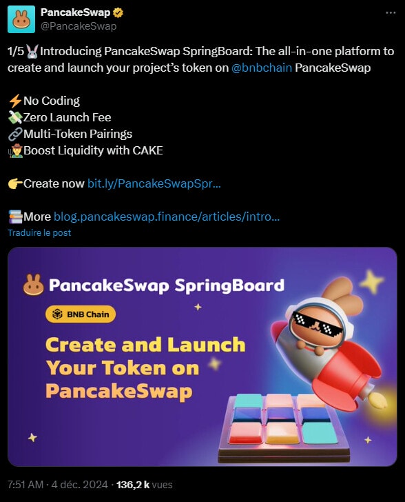 Annonce publiée par Pancakeswap sur X