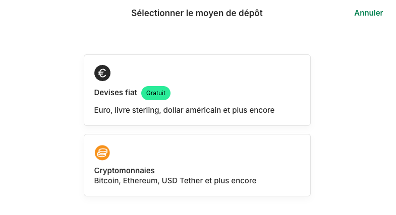 Il faut maintenant sélectionner le moyen de dépôt : en fiat ou en cryptomonnaies.