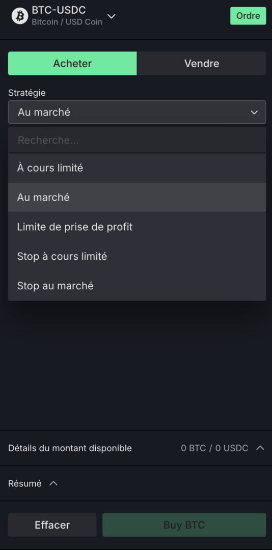 Pour être exécuté immédiatement, il suffit d'appuyer sur "au marché" dans la partie stratégie.