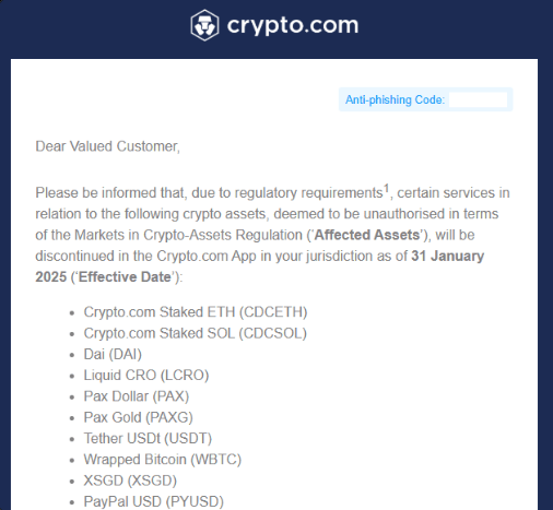 La plateforme Crypto.com va suspendre prochainement les activités liées à l'USDT et à d'autres cryptomonnaies pour leur non-conformité avec le règlement MiCA en vigueur dans l'Union européenne.