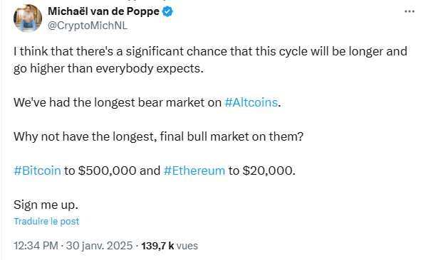 Le trader Michaël van de Poppe voit Bitcoin et Ethereum exploser à la hausse dans un super-cycle crypto.