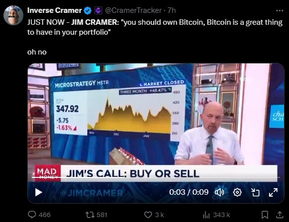 L'animateur bien connu de Mad Money vient de conseiller d'acheter du Bitcoin plutôt que des actions de MicroStrategy et cela amuse inévitablement la cryptosphère, habituée à faire l'inverse de ce que conseille Jim «
Reverse » Cramer !