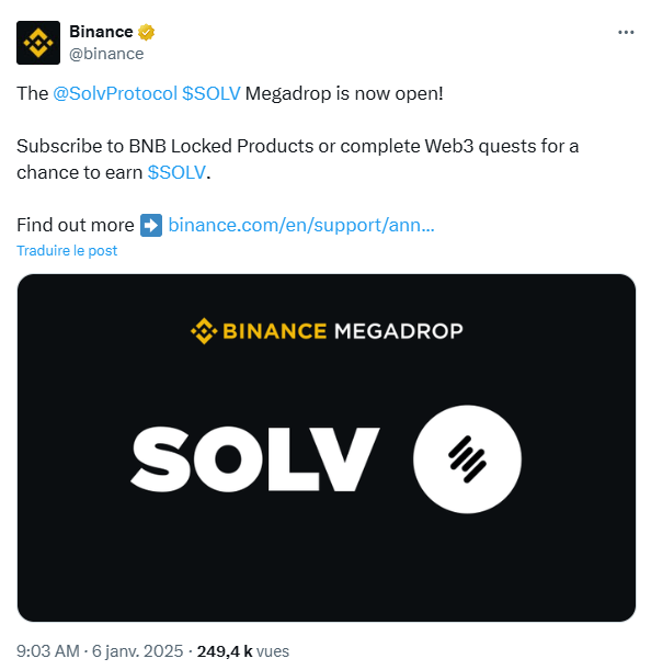 Binance Megadrop lance l’airdrop du protocole Solv.