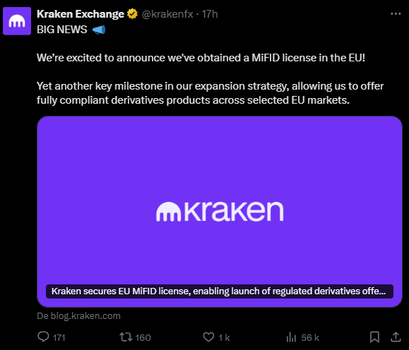 Kraken vient d'obtenir la licence MiFID et pourra ainsi proposer aux utilisateurs européens de trader des produits dérivés sur les cryptos. L'Europe est un marché en pleine expansion qui attire tous les grands acteurs du marché.