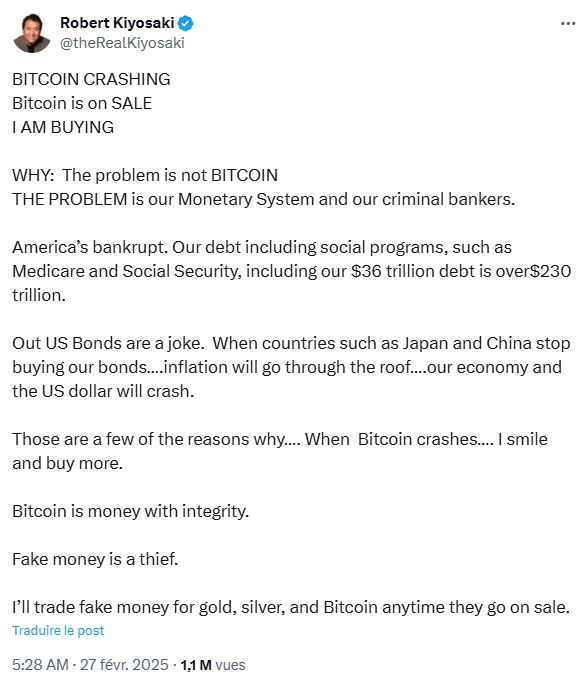 Robert Kiyosaki profite de la baisse des cours de Bitcoin pour en acheter davantage à « prix soldés ».