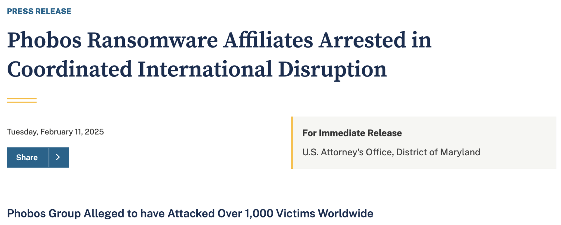 Le DoJ annonce l'arrestation d'opérateurs du ransomware Phobos