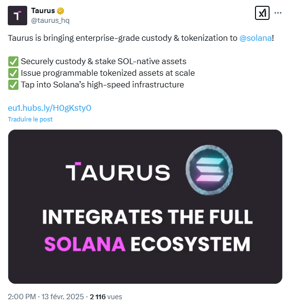 La firme suisse Taurusi intègre Solana à ses services.