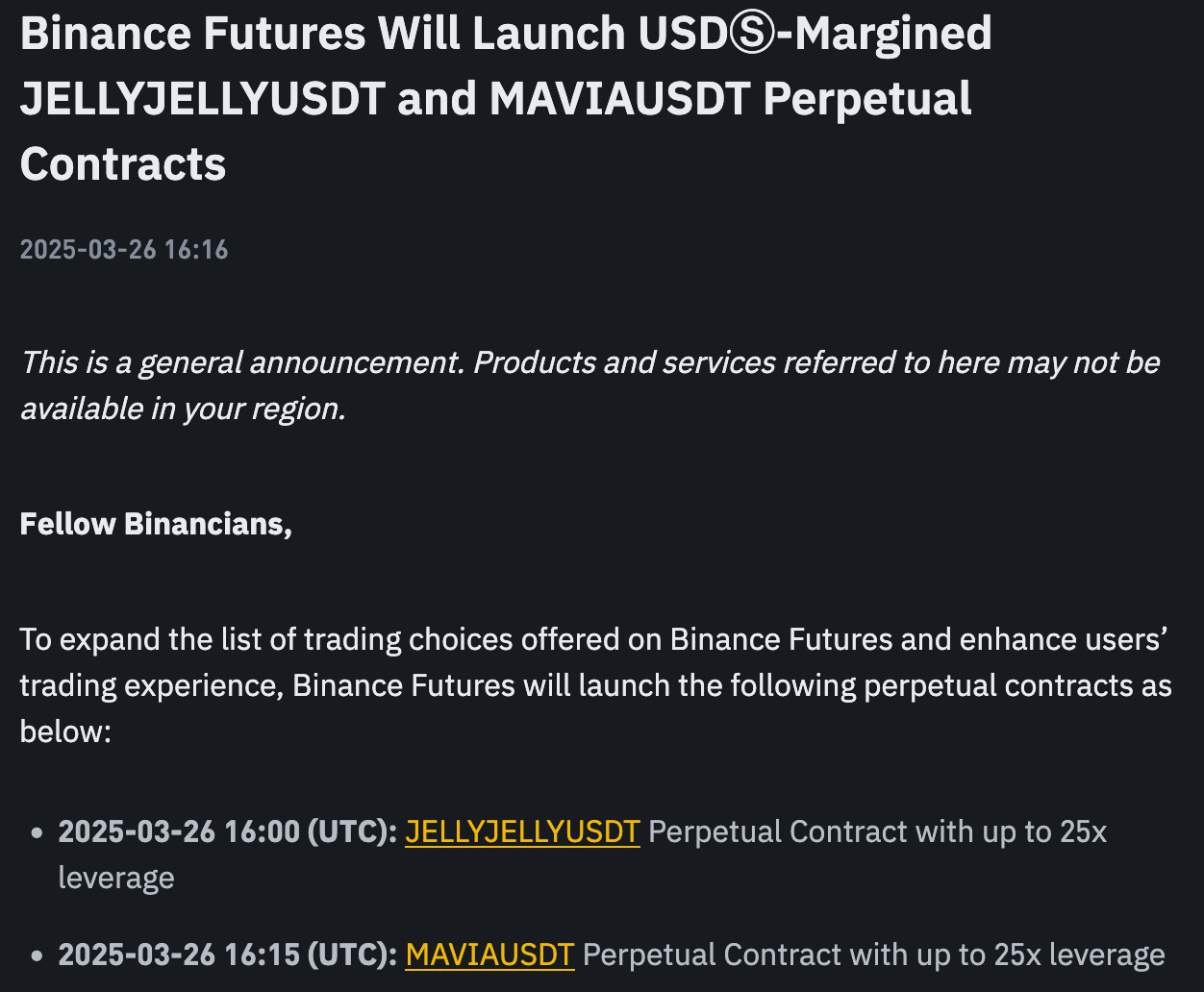 Publication de Binance sur le JELLY