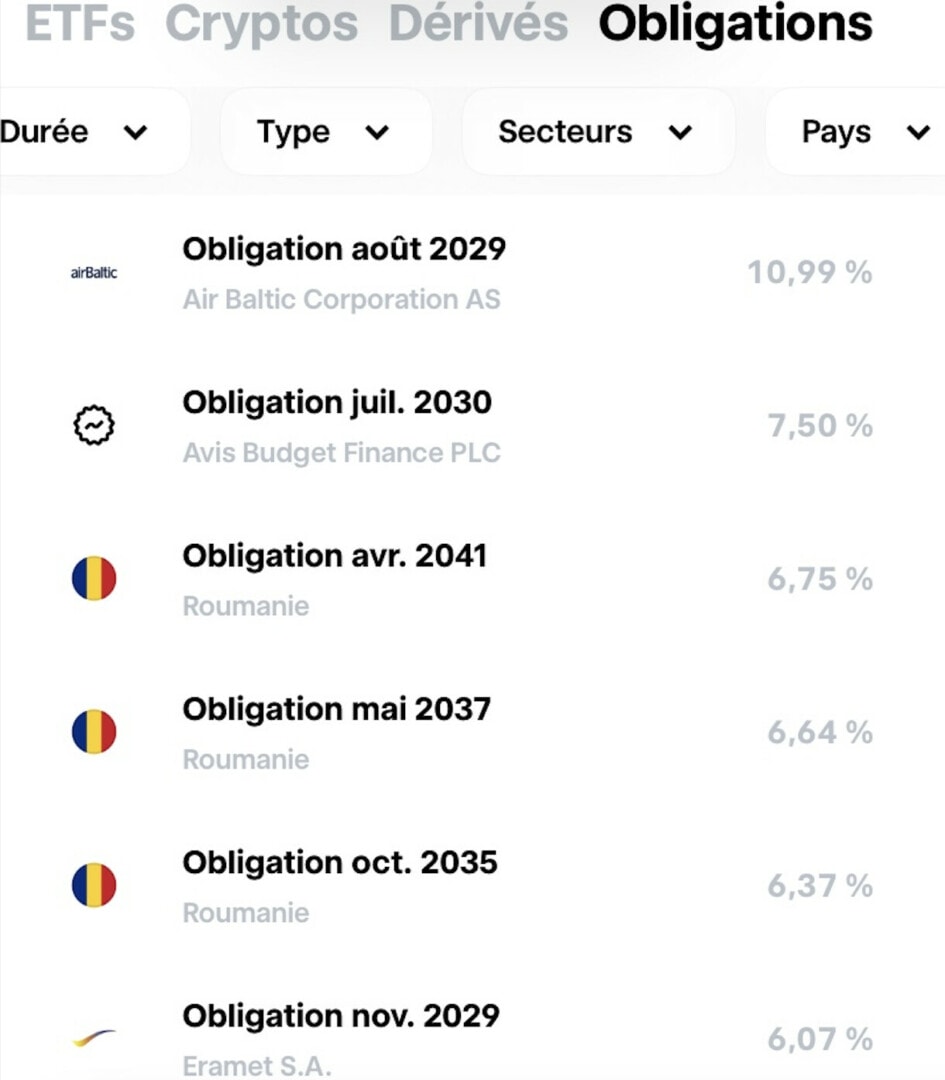 Sur Trade Republic, il est possible d'utiliser des outils de filtre pour pouvoir sélectionner l'obligation qui nous convient.