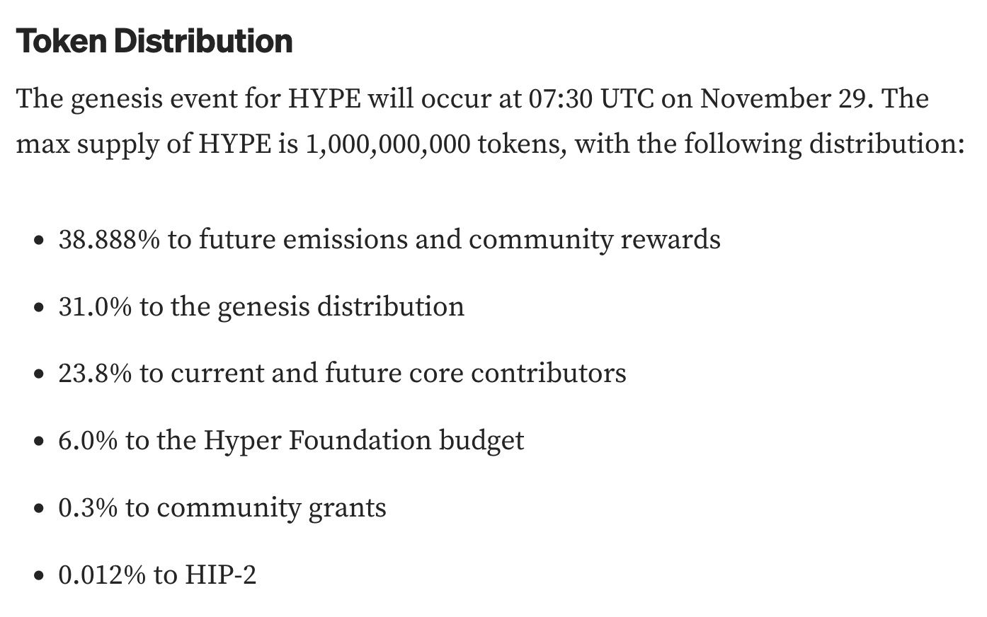Tokenomic du jeton HYPE
