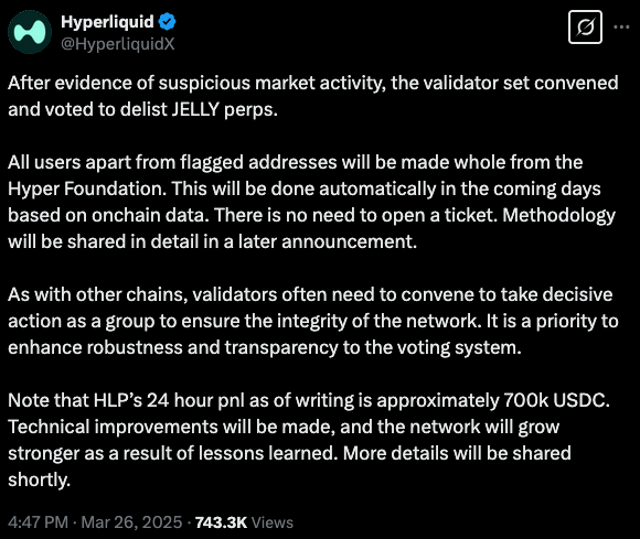 Annonce publiée par Hyperliquid